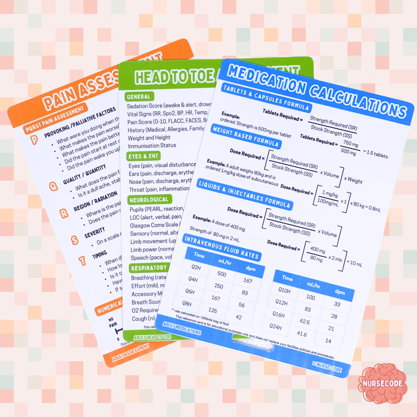 Adult Nursing Assessment Reference Card Bundle includes vital signs, pain assessment tools, head to toe assessment, medication calculations and the rights to safe medication administration