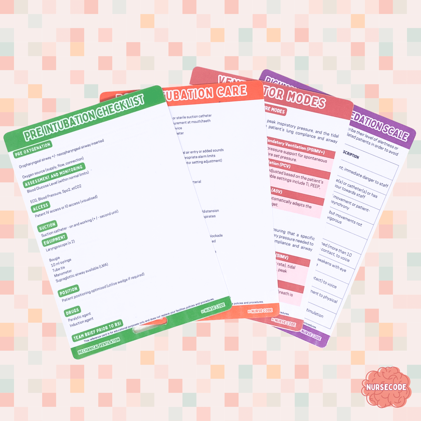 Critical Care Mechanical Ventilation Reference Card Bundle – essential quick-reference guide for critical care nurses, featuring intubation steps, medication administration, and haemodynamic support."