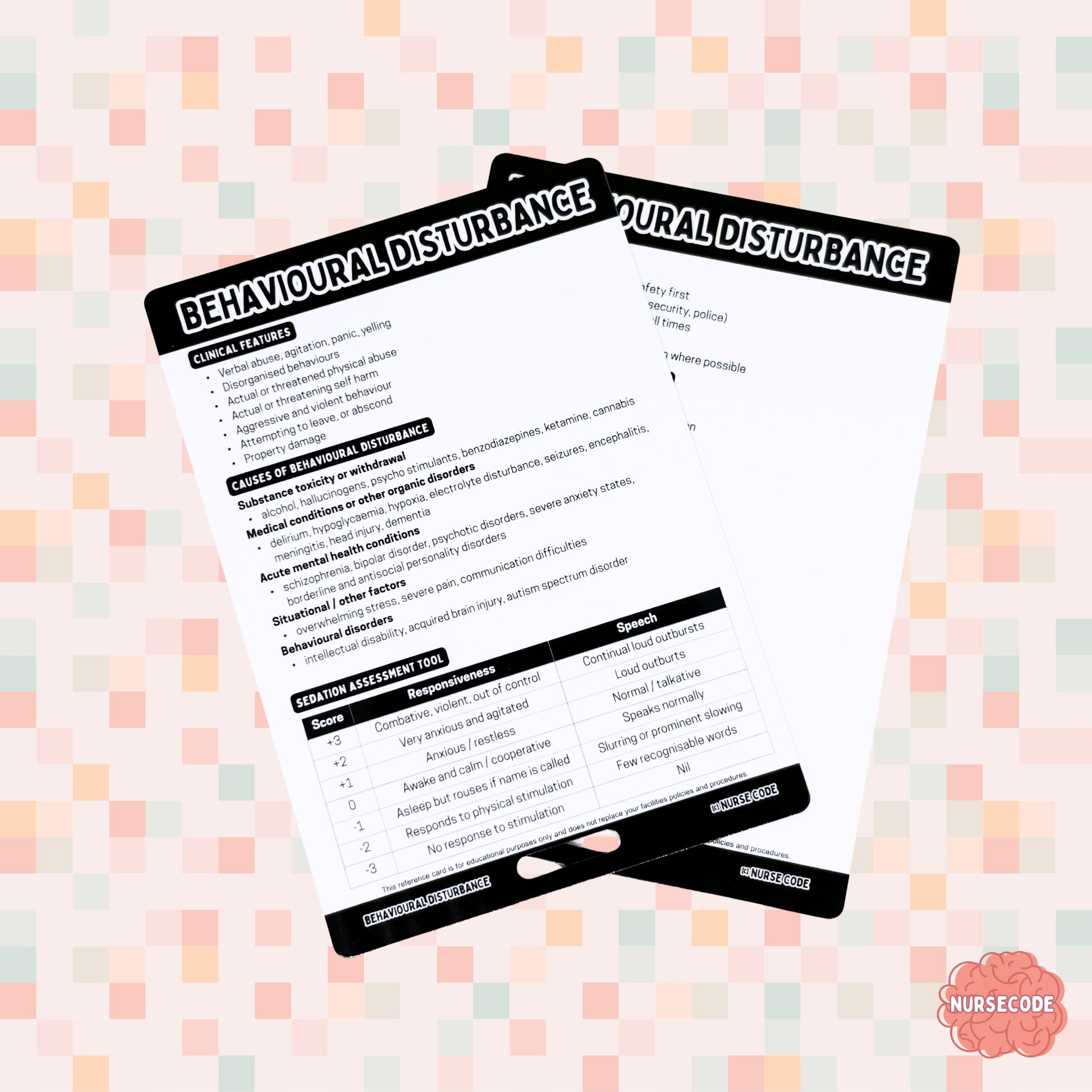 A clinical reference card relating to acute behavioural disturbance including clinical features, causes and management