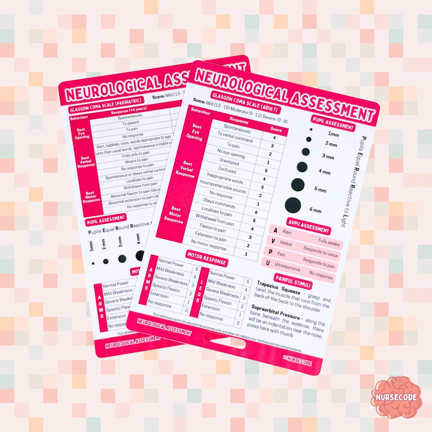 A clinical reference card relating to neurological assessment for adult and paediatrics including glasgow coma scale, pupil assessment, motor response, AVPU assessment and more!
