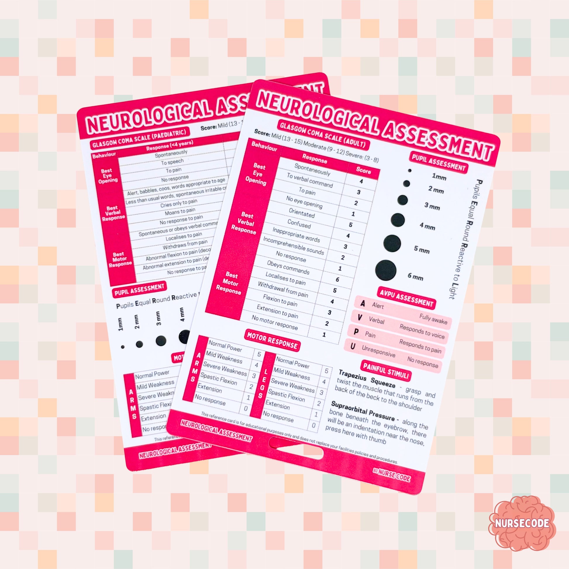A clinical reference card relating to neurological assessment for adult and paediatrics including glasgow coma scale, pupil assessment, motor response, AVPU assessment and more!