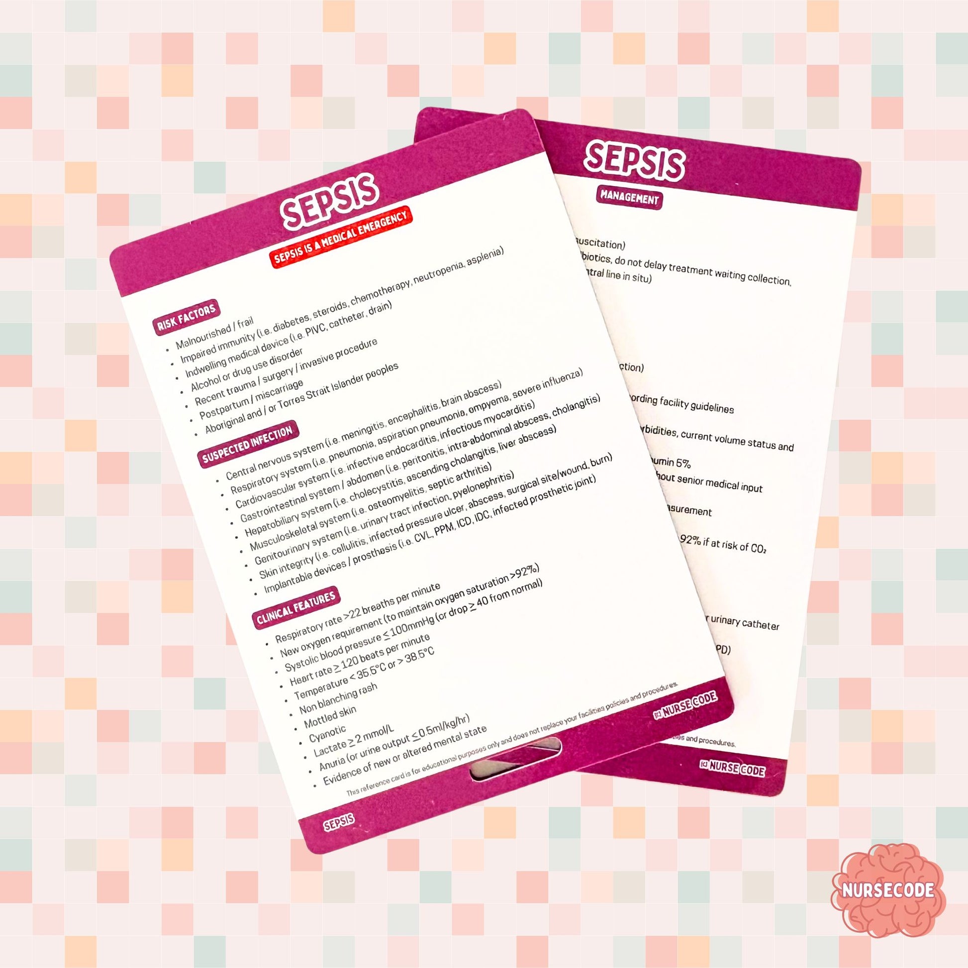 A clinical reference card outlining risk factors, clinical features and management of sepsis